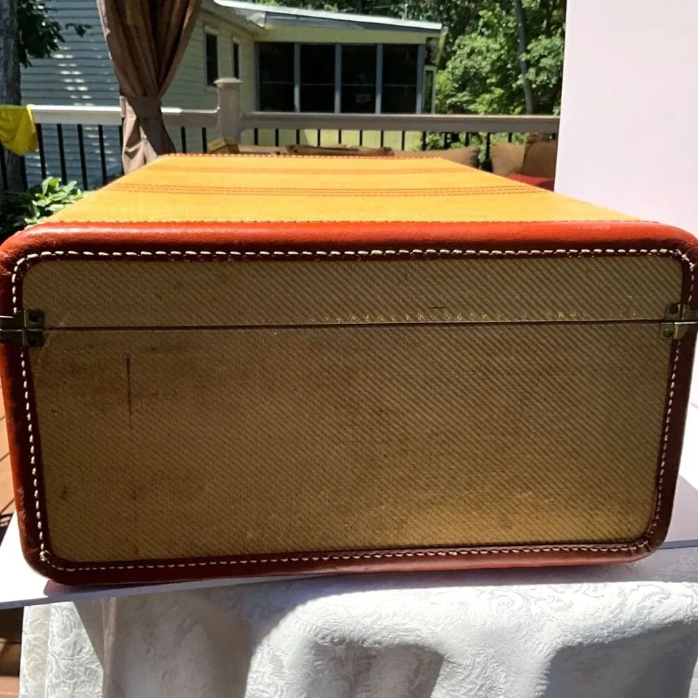 Large striped vintage suitcase great display piece must see brown & rust colors